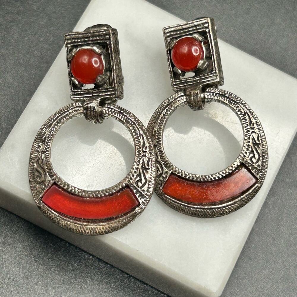 Vintage Miracle Clip-On Earrings #E405 silver tone faux agate